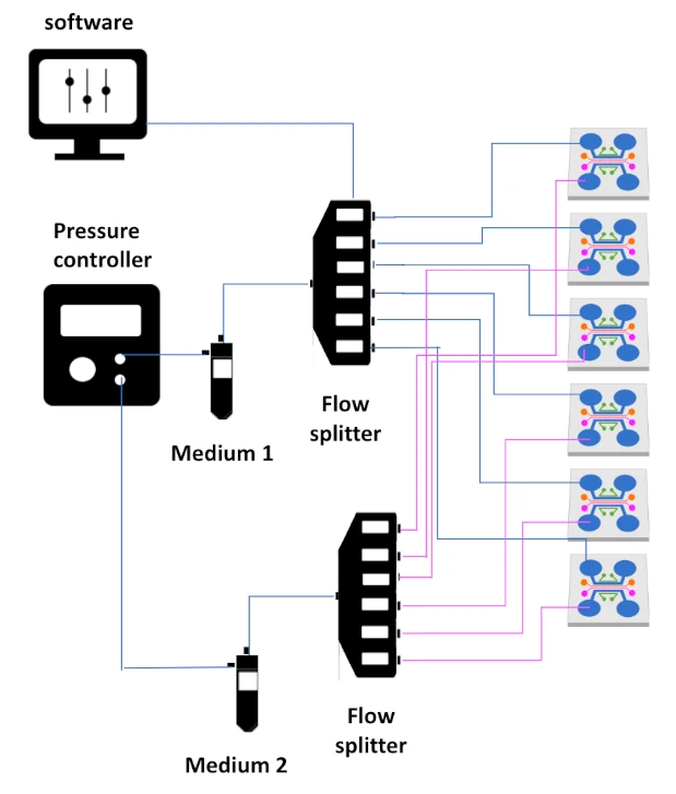 schematics flow splitter with pressure-driven flow control and multiple channels